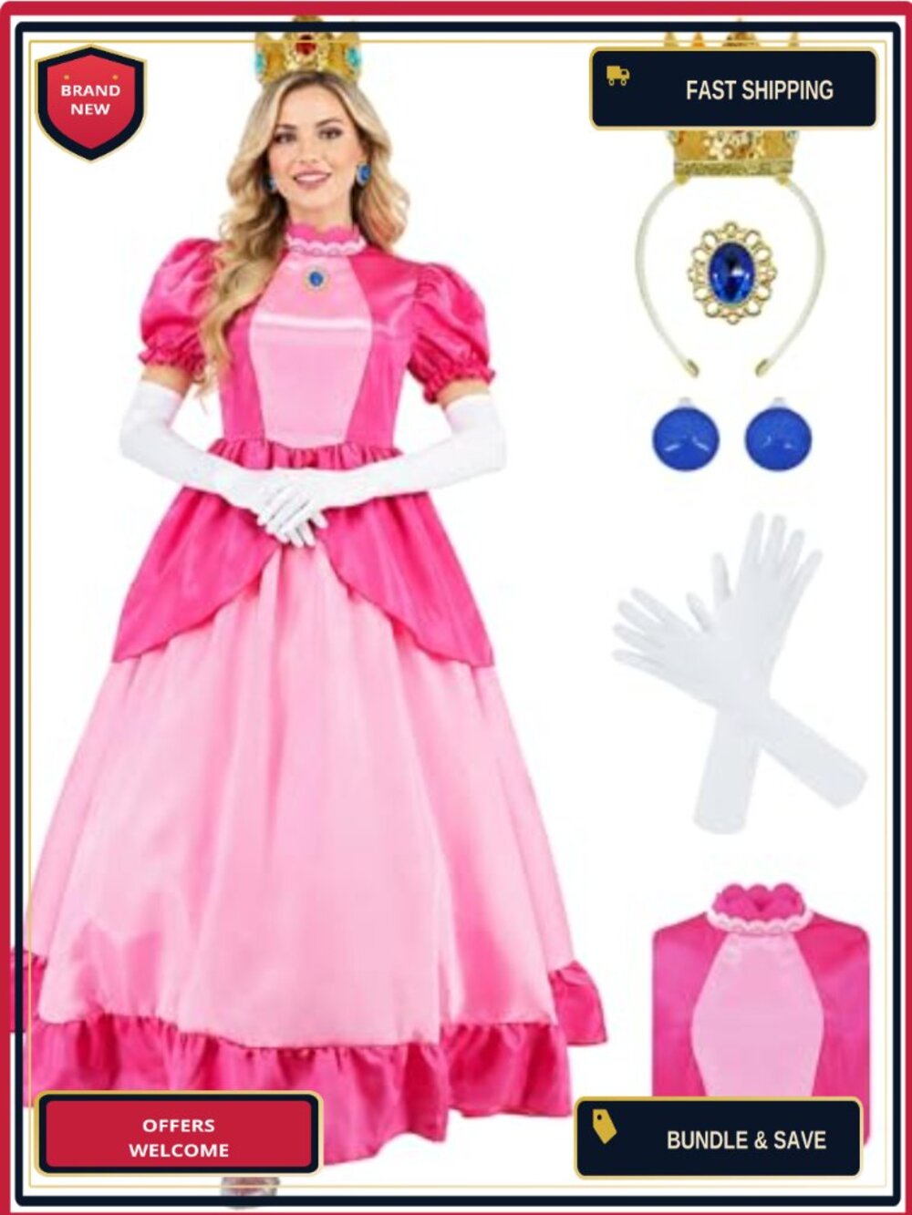 Princess Costume Adult Halloween Cosplay Royal Dress Gown with Crown Set